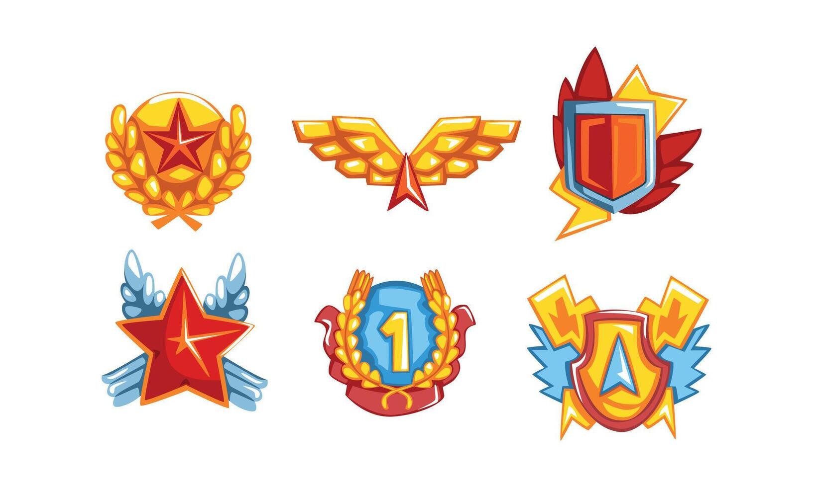 Golden Awards with Wings, Star and Shield Set, Trophy Signs of Sports or Business Achievements Cartoon Style Illustration vector