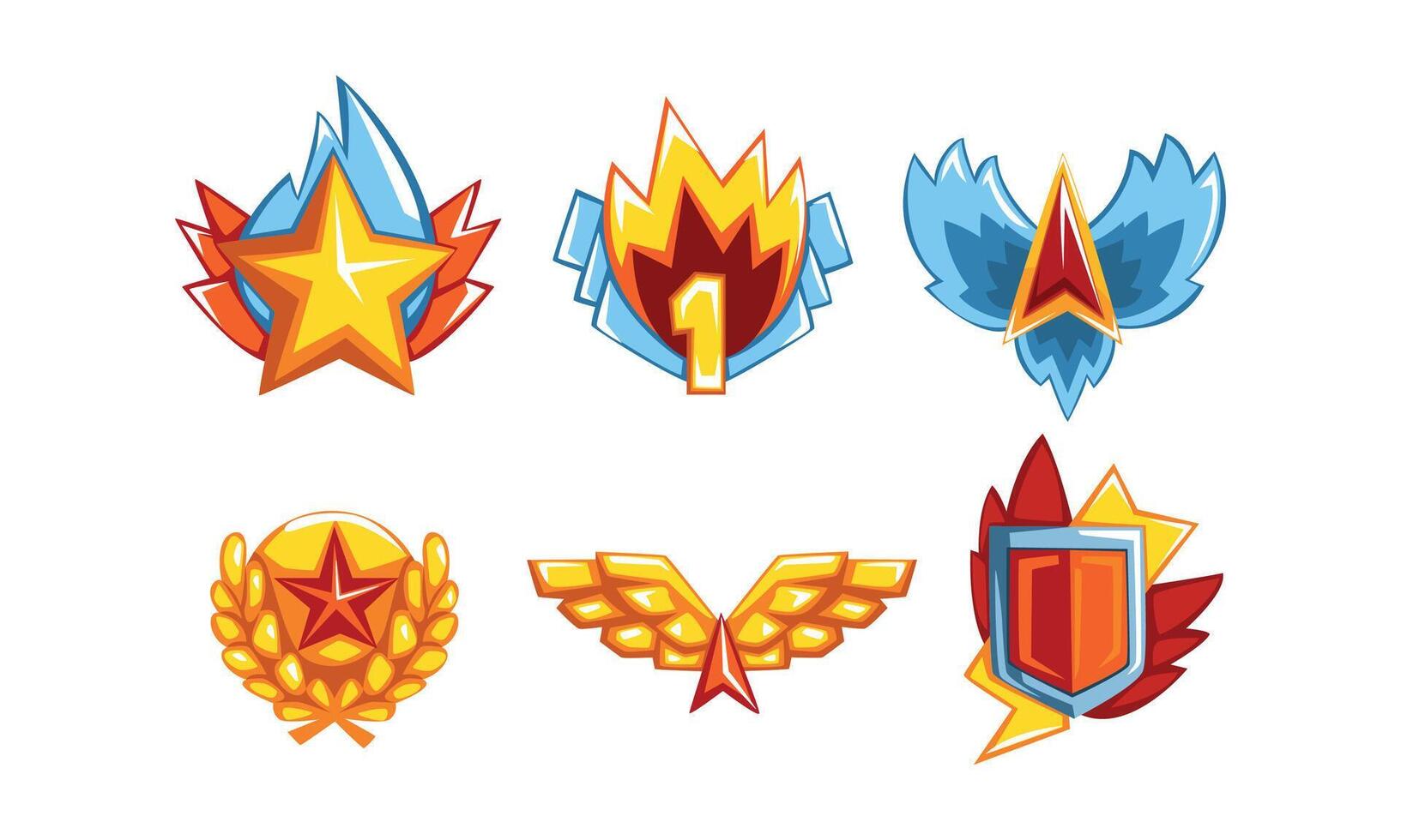 Awards with Wings, Star and Shield Set, Golden Trophy Achievements Cartoon Style Illustration vector