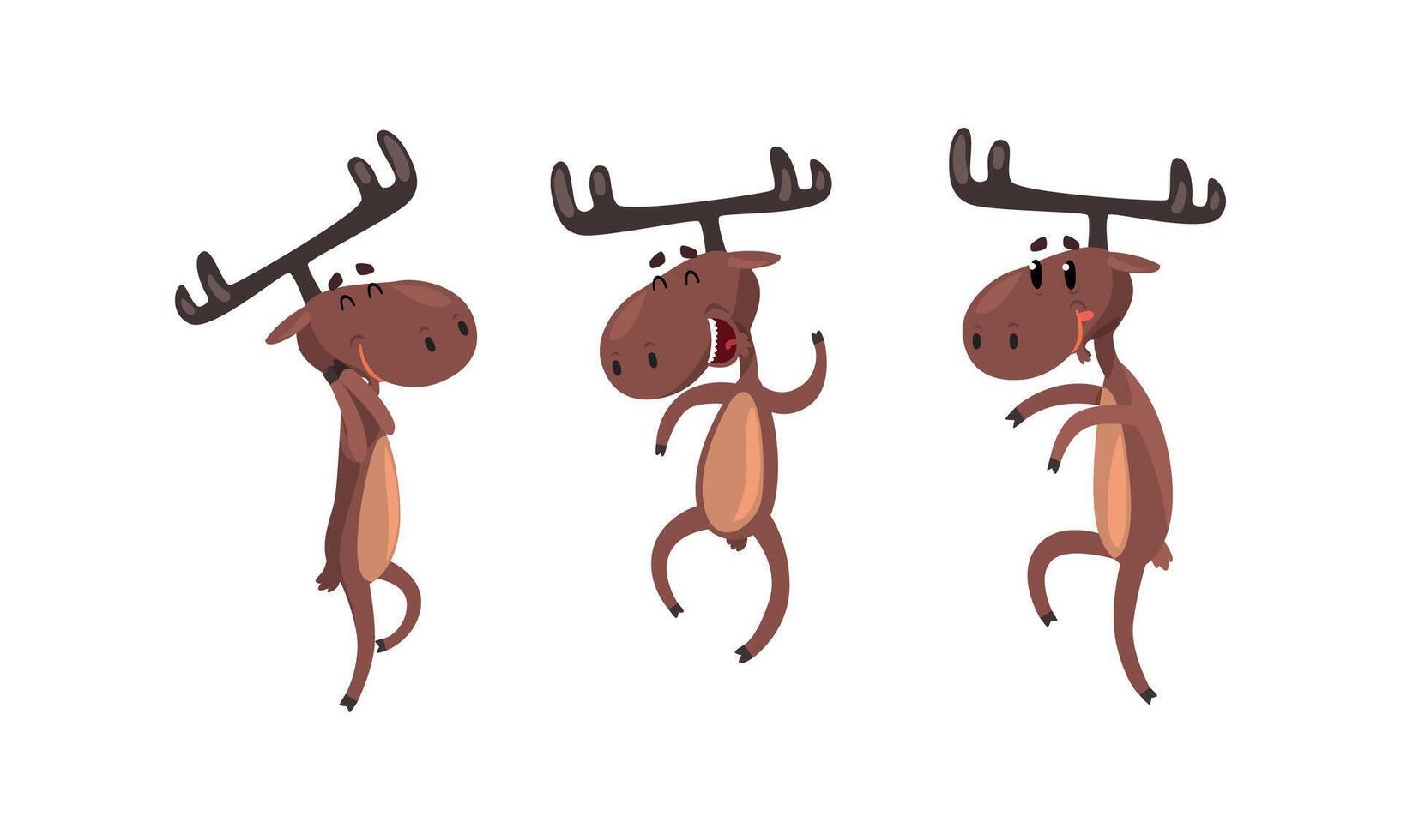 Set of Funny Brown Moose in Various Poses Set, Cute Elk Cartoon Character Dancing on its Hind Legs Cartoon Style Illustration vector