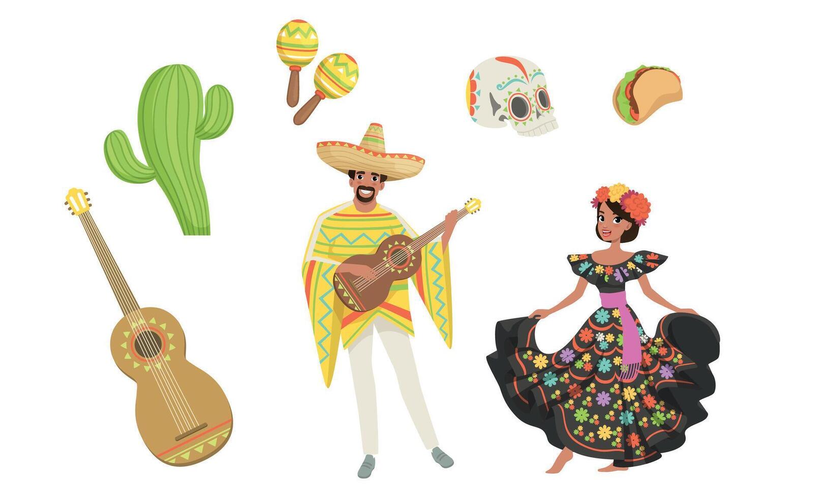 Set of Mexico Latin America Symbols, Hispanic Man and Woman in Traditional Costumes, Mexican Musicians with Guitar Cartoon Style Illustration vector