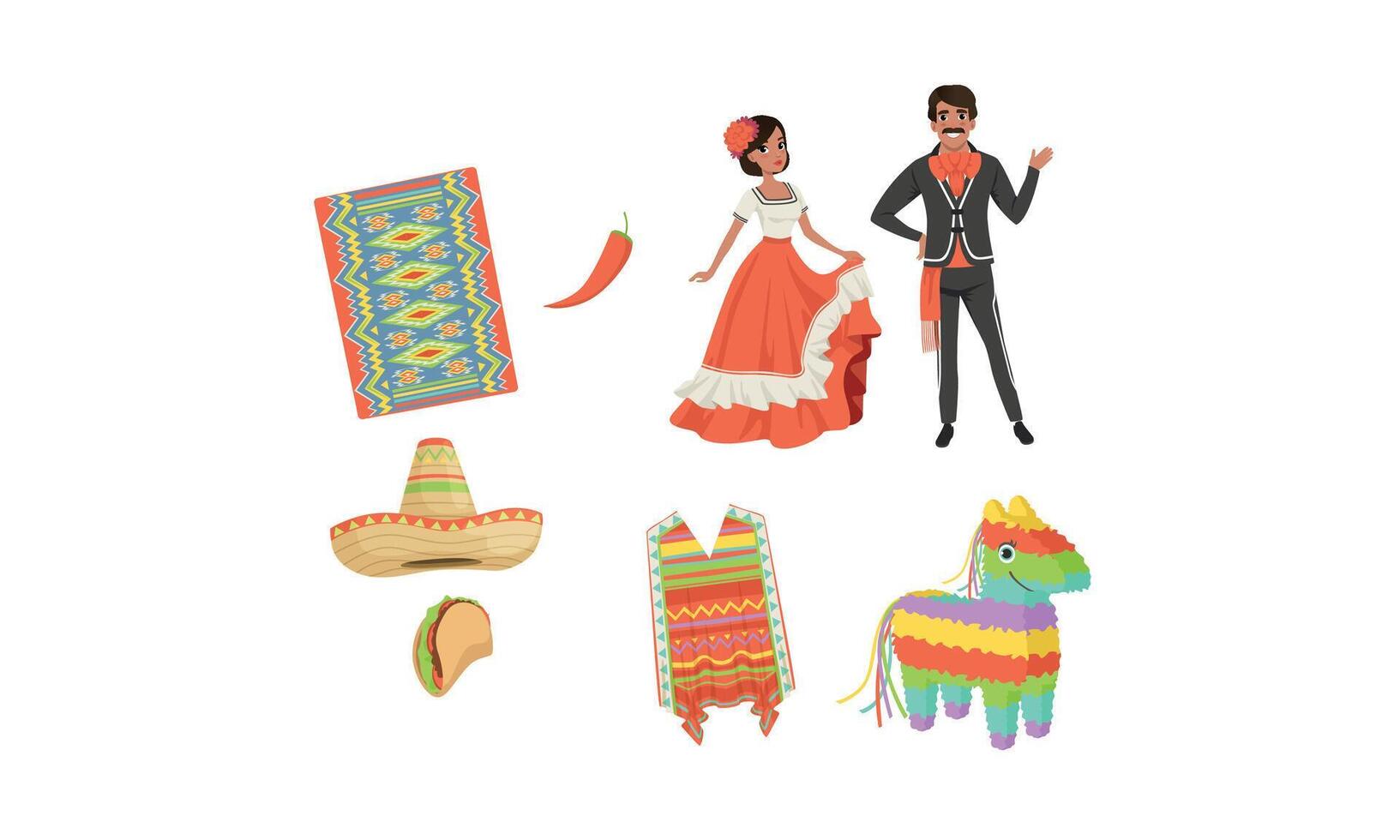 Set of Mexico Latin America Symbols, Hispanic Man and Woman in Traditional Costumes, Cinco de Mayo Design Elements Cartoon Style Illustration vector