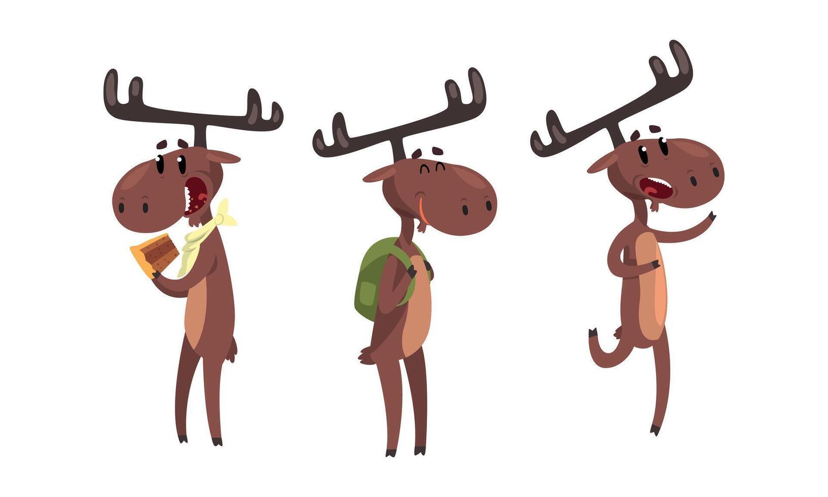Set of Funny Brown Moose in Various Poses Set, Cute Wild Humanied Forest Animal Cartoon Character Cartoon Style Illustration vector