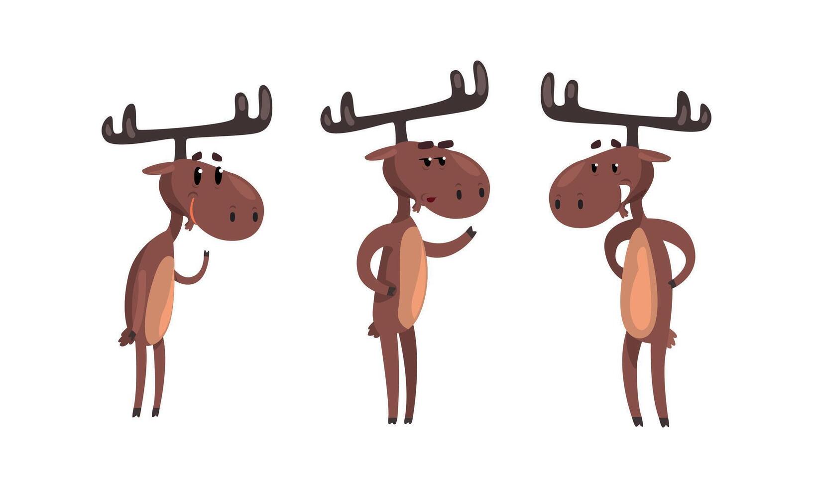 Set of Funny Brown Moose in Various Poses Set, Cute Wild Forest Animal Cartoon Character Standing on its Hind Legs Cartoon Style Illustration vector