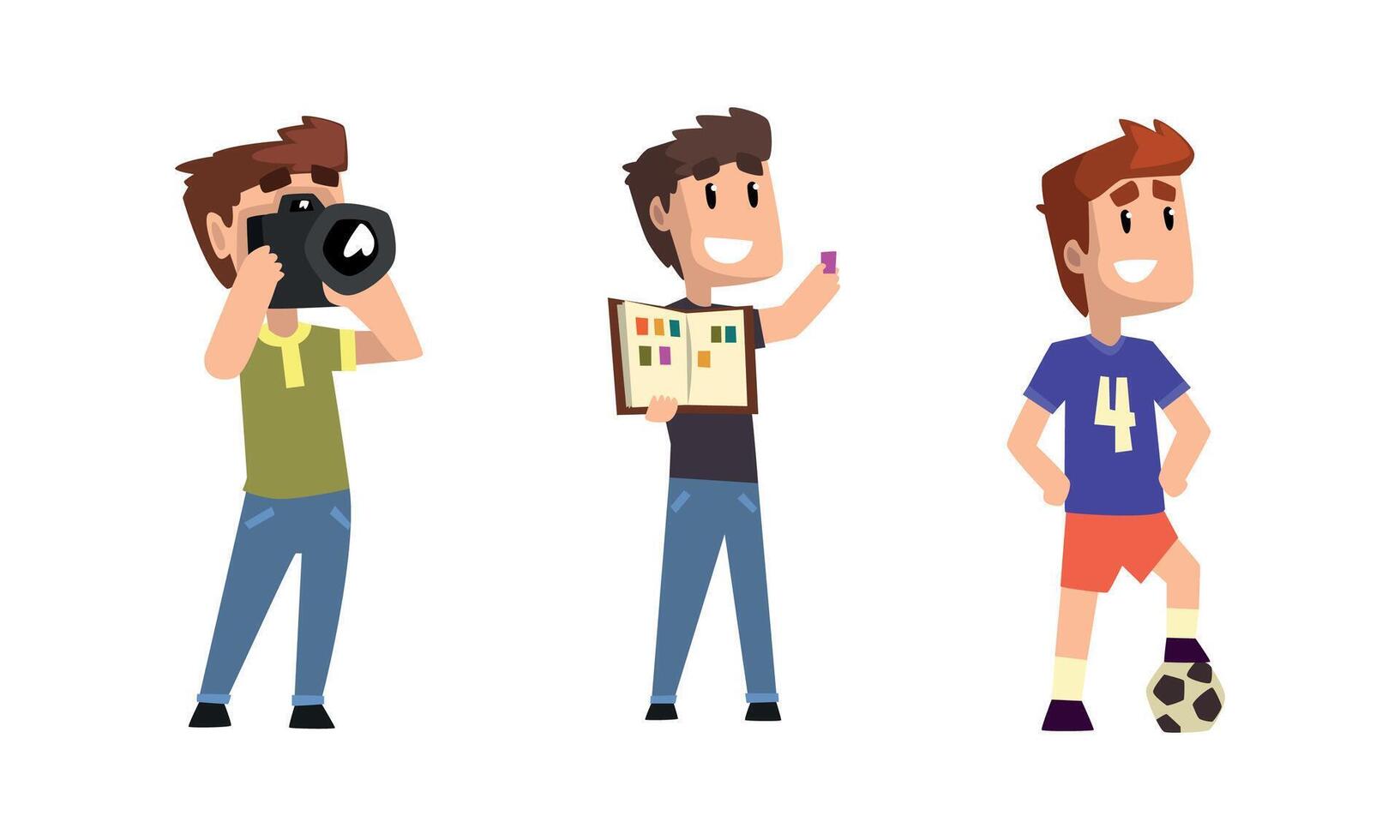 Male Creative Occupation Set, Photographer, Philatelist, Soccer Player Cartoon Style Illustration vector
