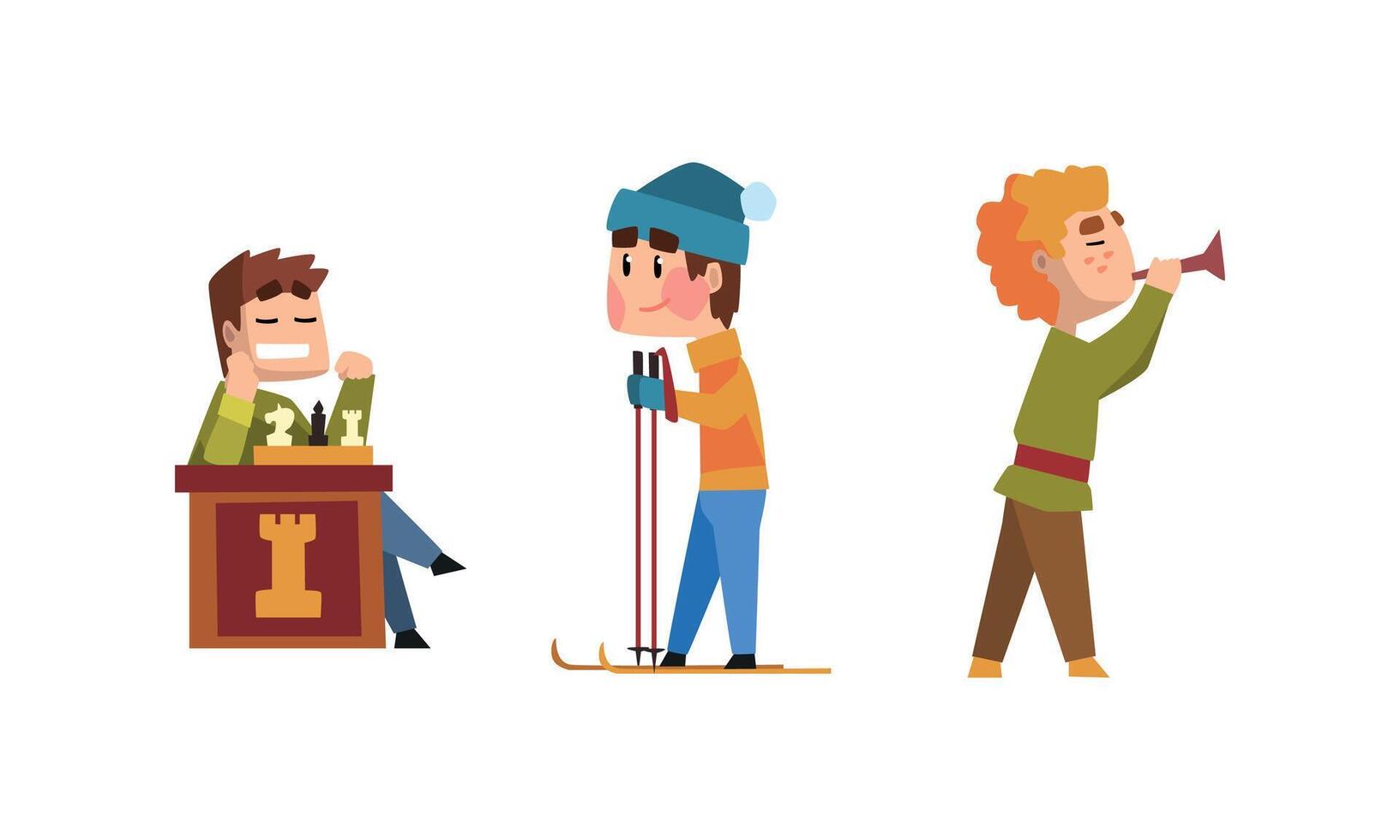 Male Creative Occupation Set, Chess Player, Skier, Musician Cartoon Style Illustration vector