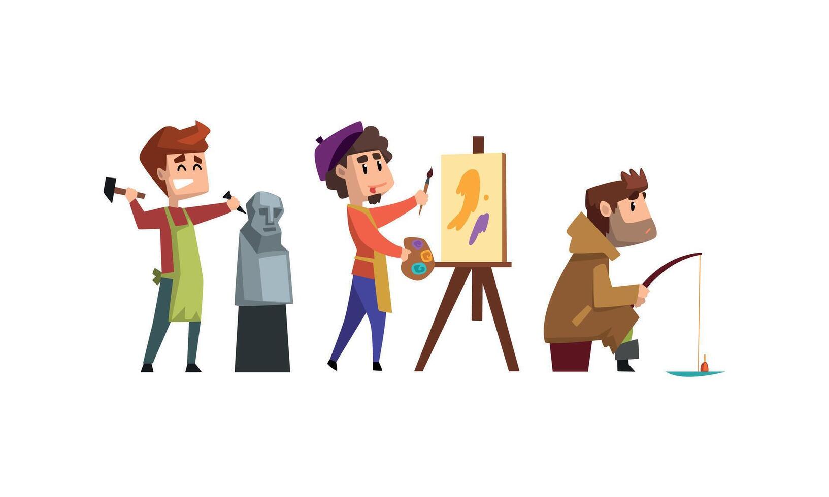 Male Creative Occupation Set, Sculptor, Artist, Fisherman Cartoon Style Illustration vector