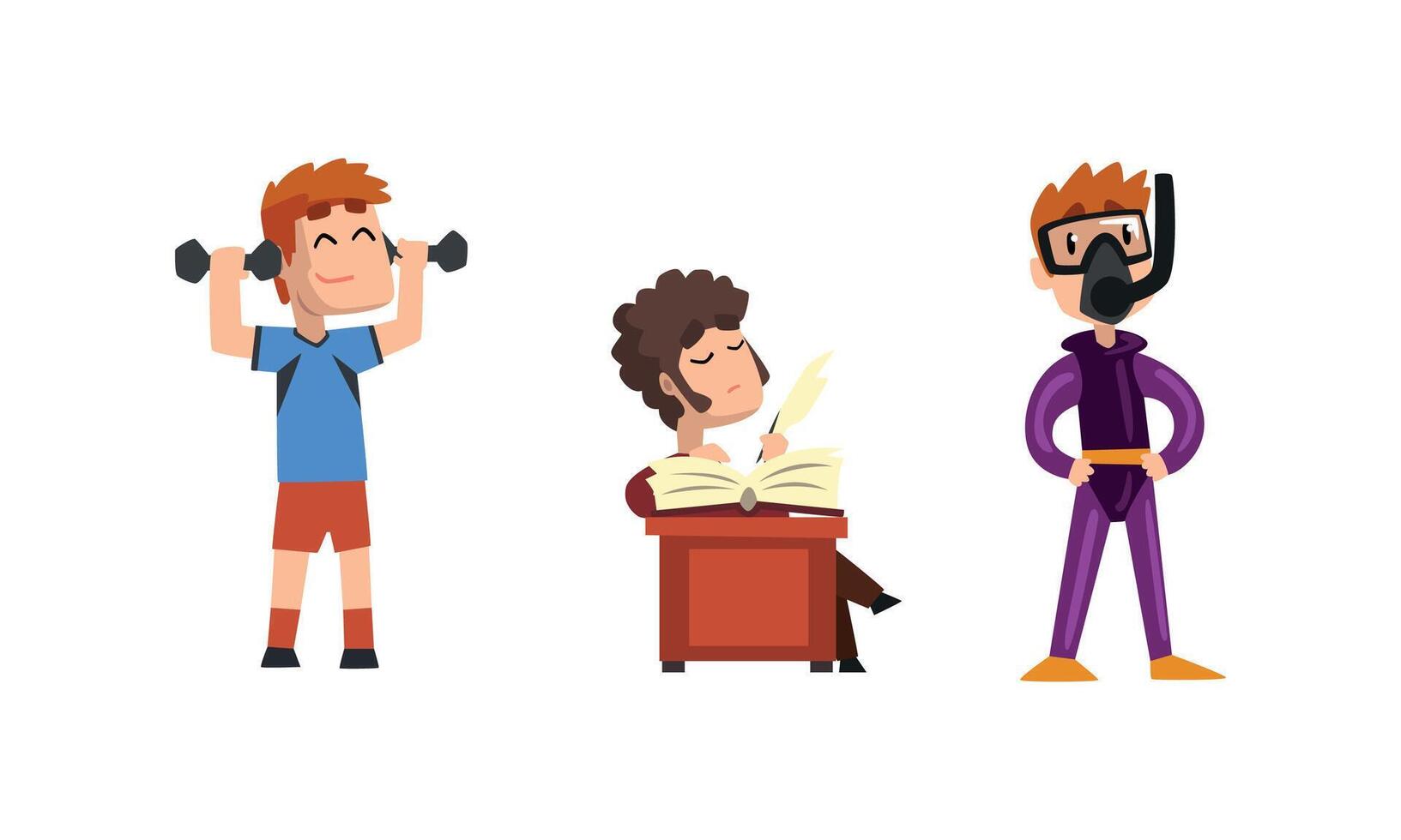 Male Creative Occupation Set, Athlete, Poet, Diver Cartoon Style Illustration vector