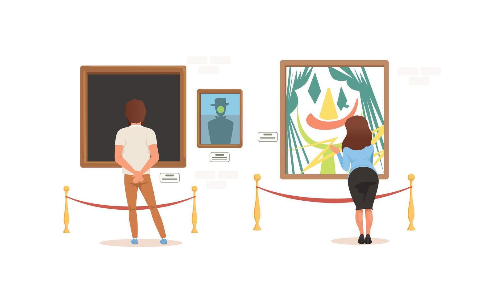 Back View of Exhibition Visitors Viewing Modern Abstract Paintings, People Visiting Art Exhibition Gallery Cartoon Style Illustration vector