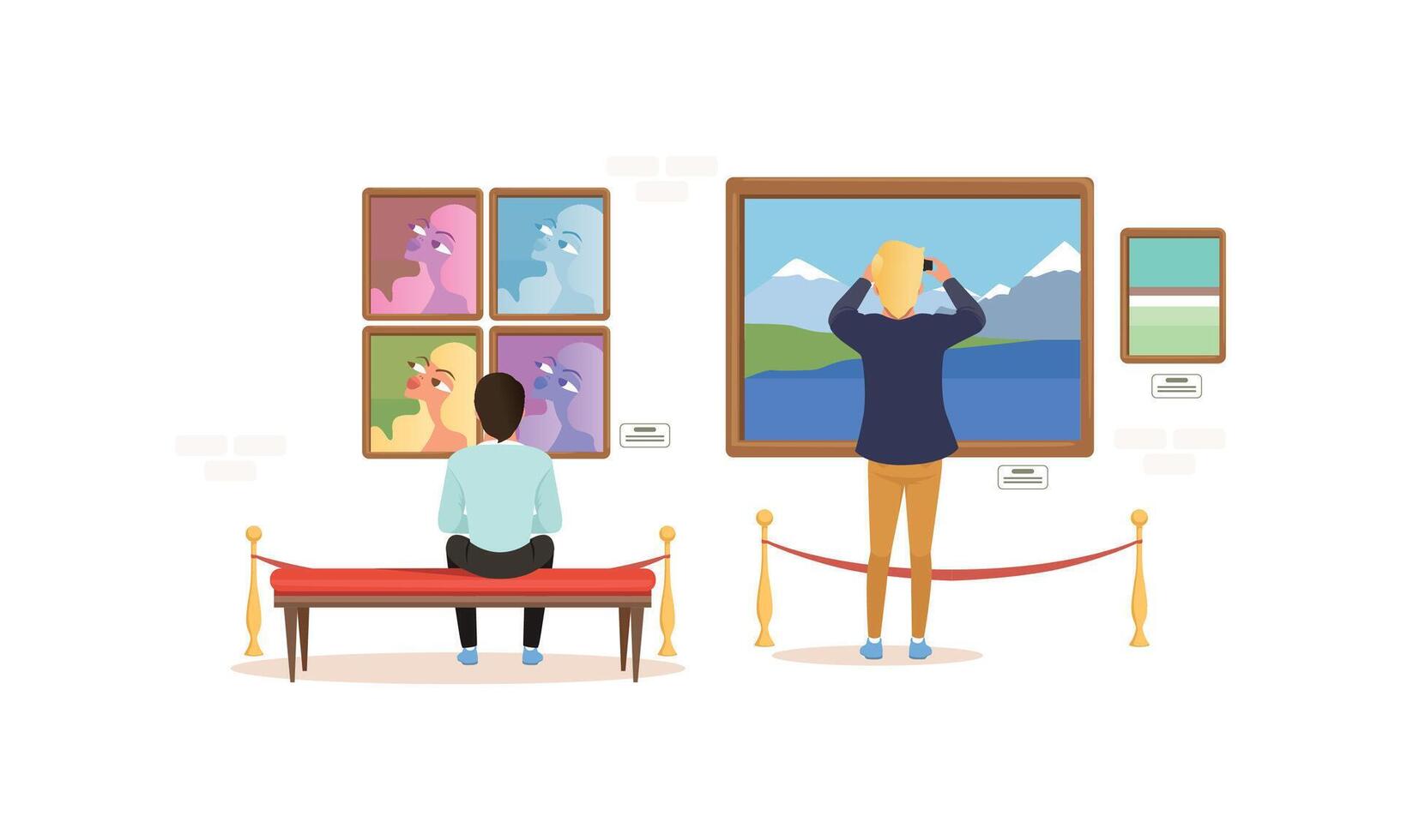 Exhibition Visitors Viewing Photos on Wall, People Visiting Modern Art Exhibition Gallery Cartoon Style Illustration vector