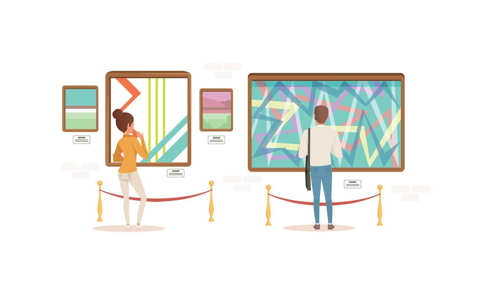Visitors Viewing Modern Abstract Paintings, People Visiting Modern Art Exhibition Gallery or Museum Cartoon Style Illustration vector