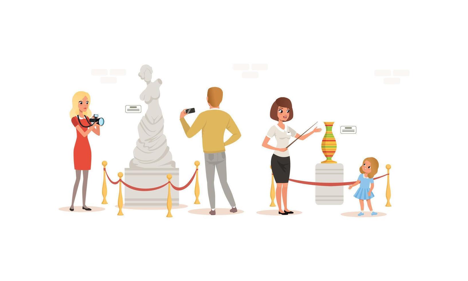 Visitors and Guide in Art Museum, People Admiring Sculpture and Vase Cartoon Style Illustration vector