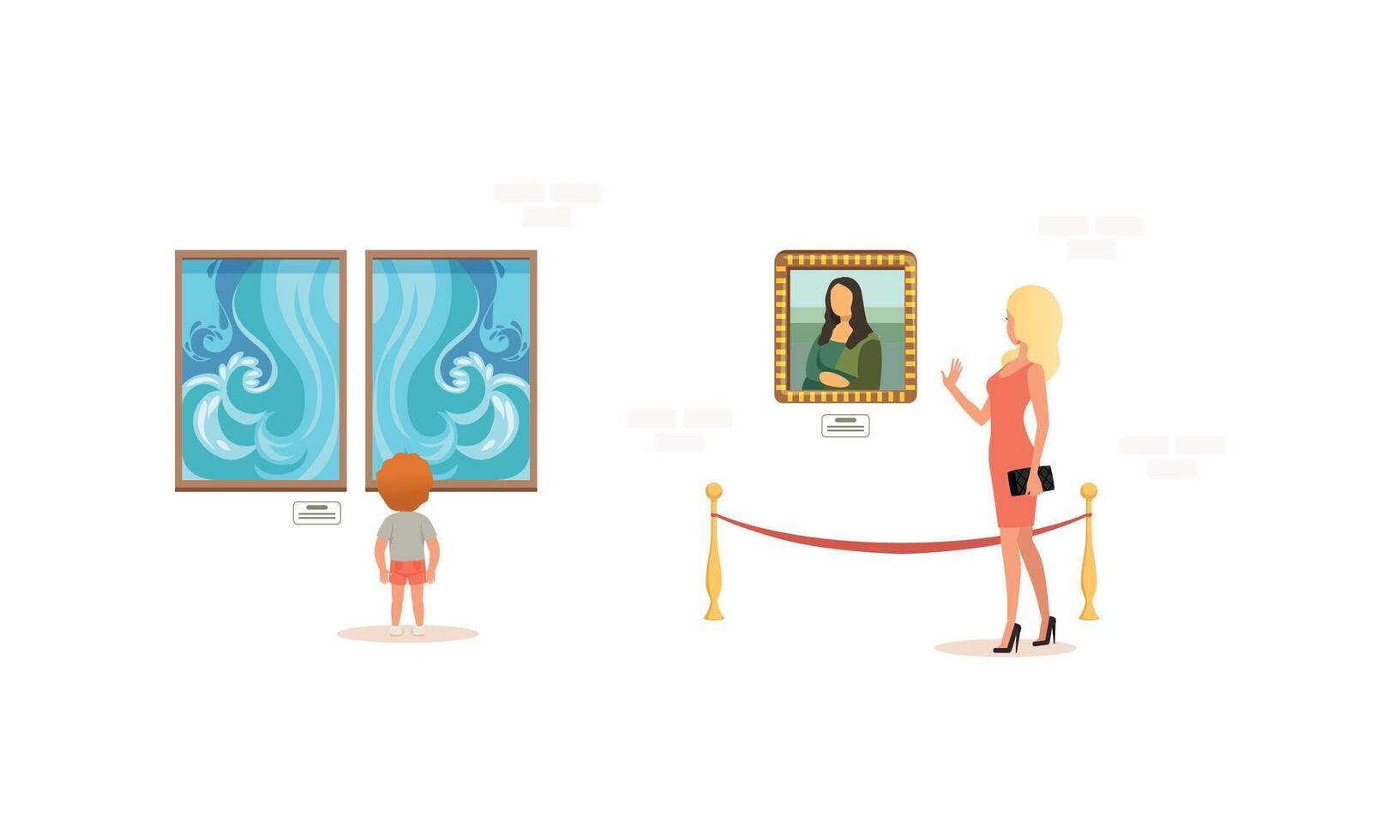 Visitors Viewing Paintings on Wall, People Visiting Art Museum Cartoon Style Illustration vector