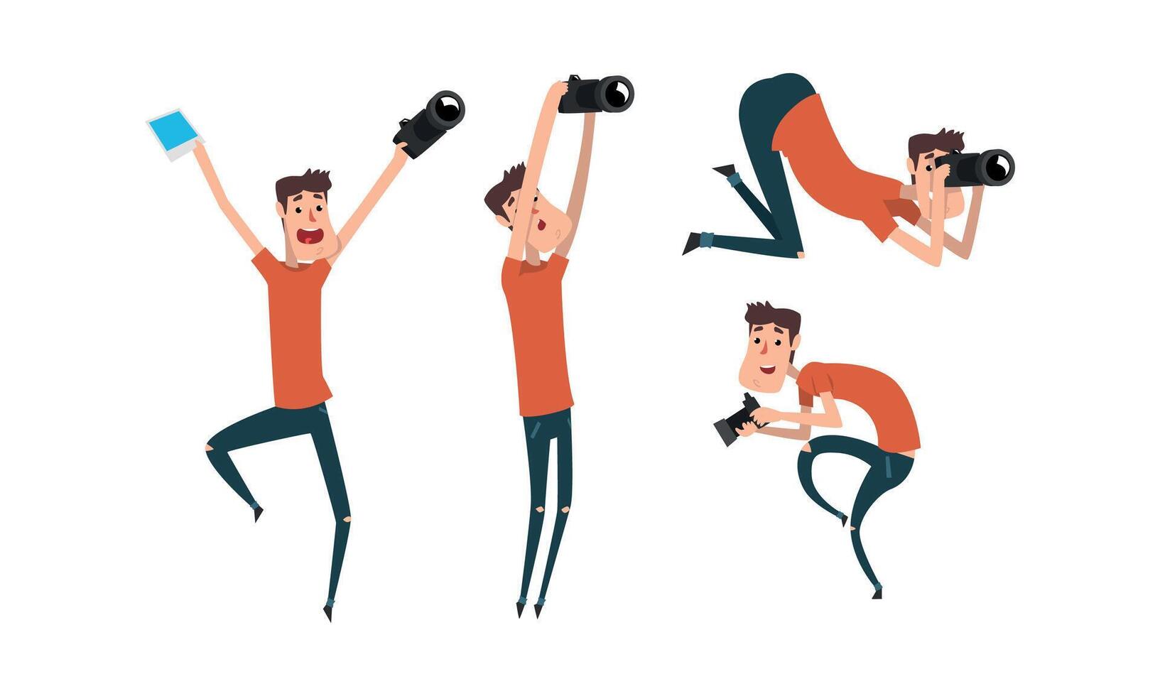 Paparazzi Holding Photo Camera and Photographing Set, Funny Photographer Cartoon Character Taking Photos, Creative Profession or Occupation Illustration vector