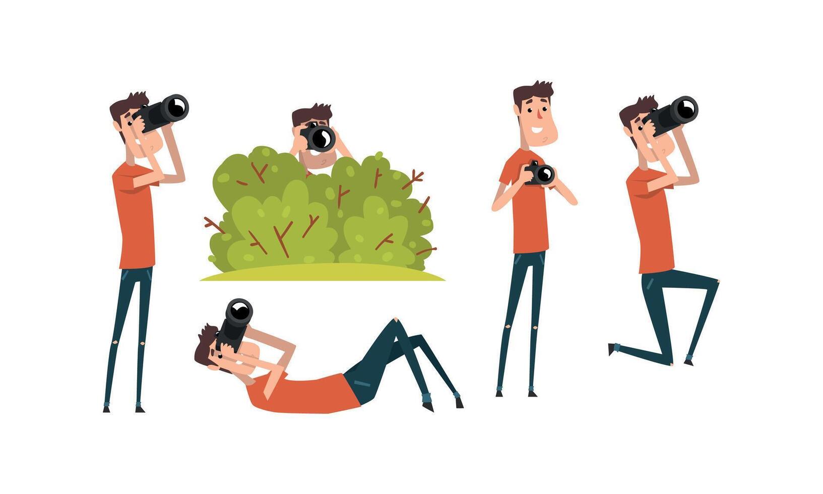 Paparazzi Taking Photo with Digital Camera Set, Photographer Cartoon Character Shooting with Camera, Creative Profession or Occupation Illustration vector