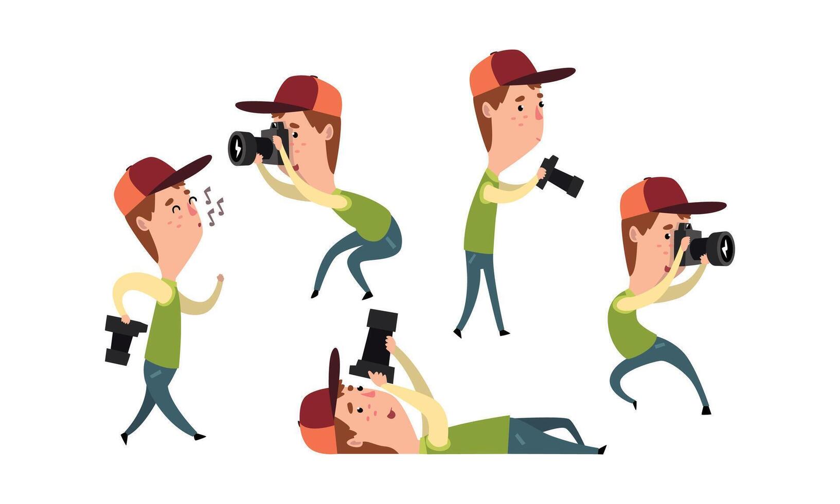 Paparazzi Photographing with Camera Set, Funny Photographer Cartoon Character Taking Photos Illustration vector