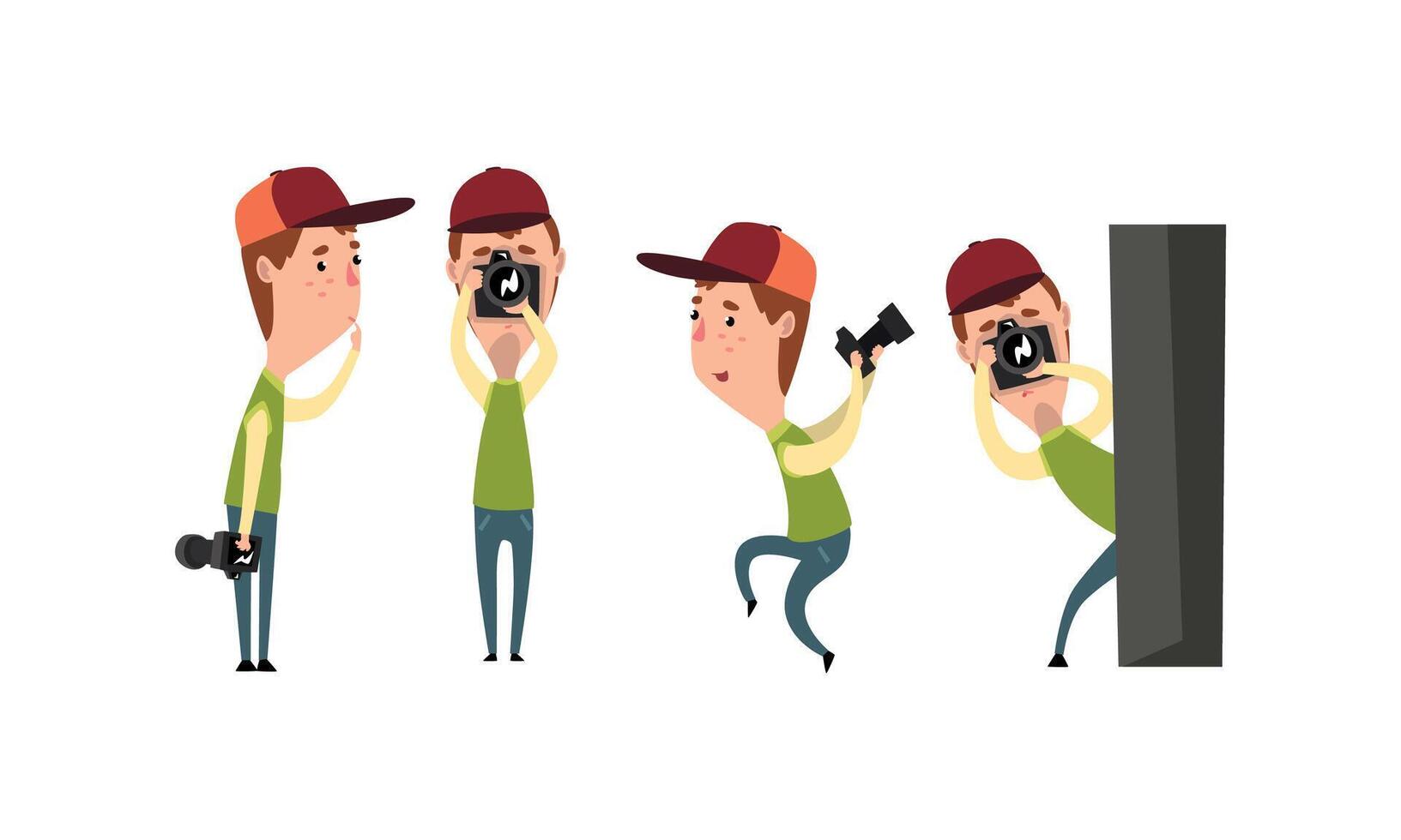 Paparazzi Holding Photo Camera and Photographing Set, Funny Photographer Cartoon Character Taking Photos Illustration on White Background vector