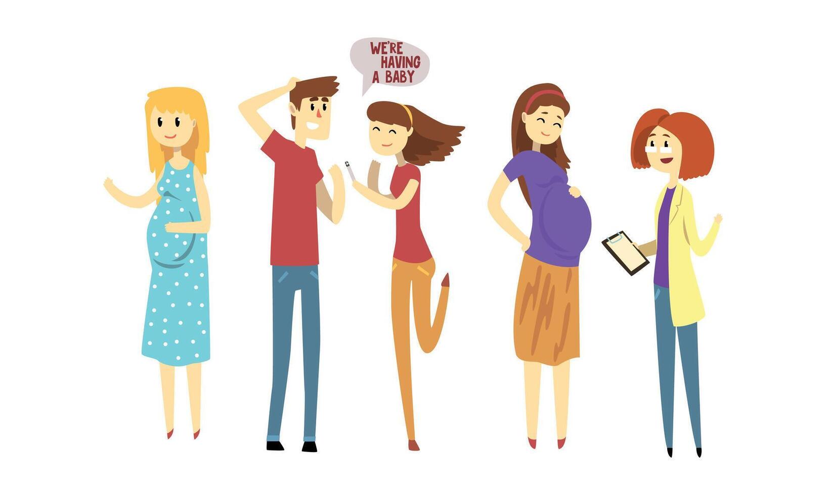 Happy Women Expecting Babies Set, Pregnant Woman Visiting Doctor, Happy Couple with Positive Pregnancy Test Cartoon Style Illustration vector