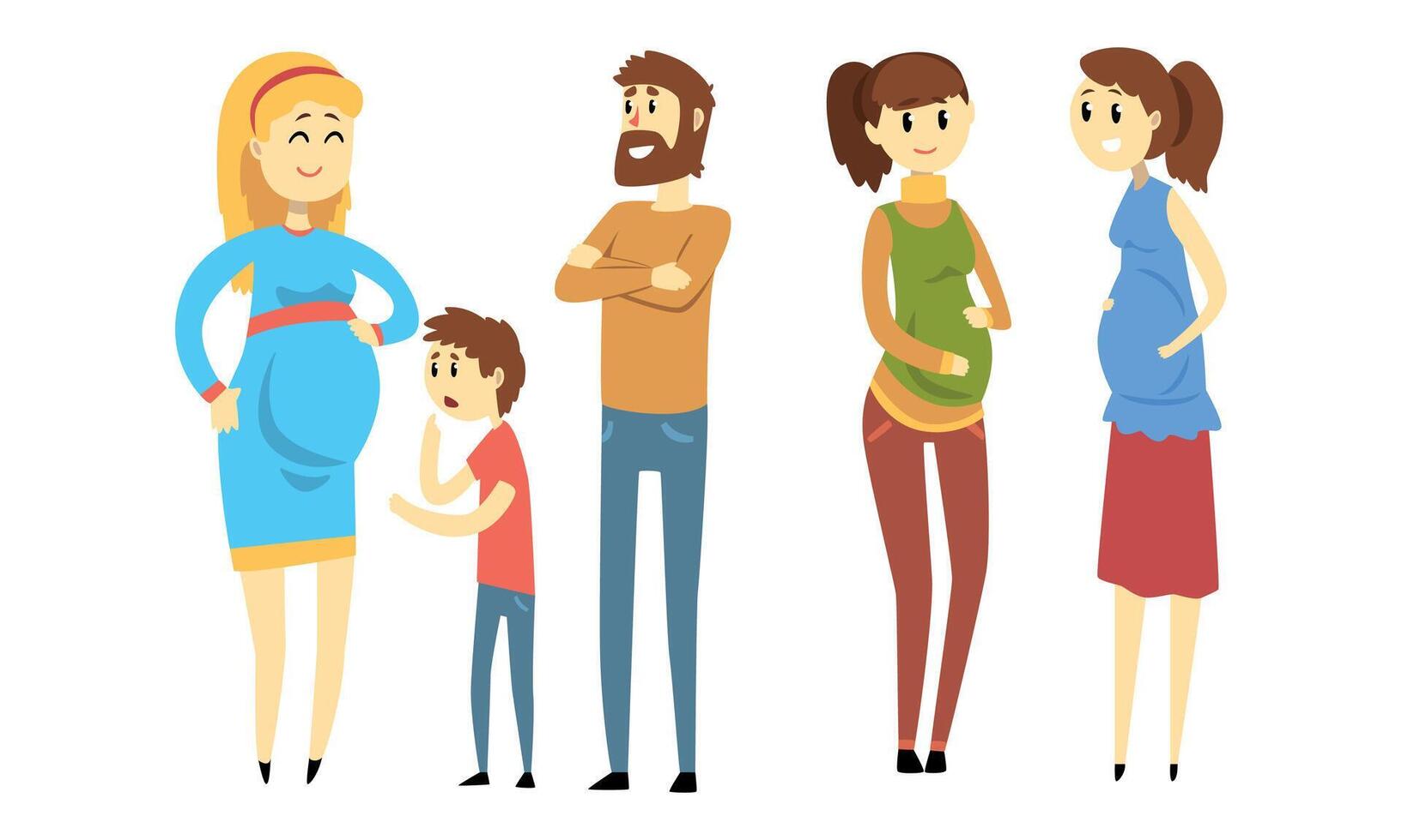 Happy Women Expecting Babies Set, Pregnant Women Talking Each Other, Family Expecting their Second Child Cartoon Style Illustration vector