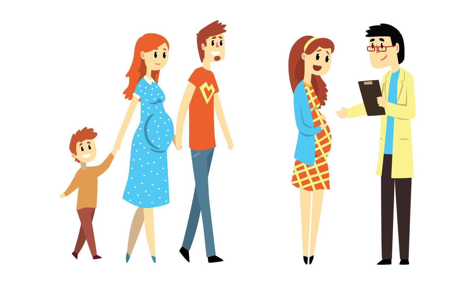 Happy Families Expecting Babies Set, Family Expecting their Second Child, Pregnant Woman Visiting Doctor Cartoon Style Illustration vector