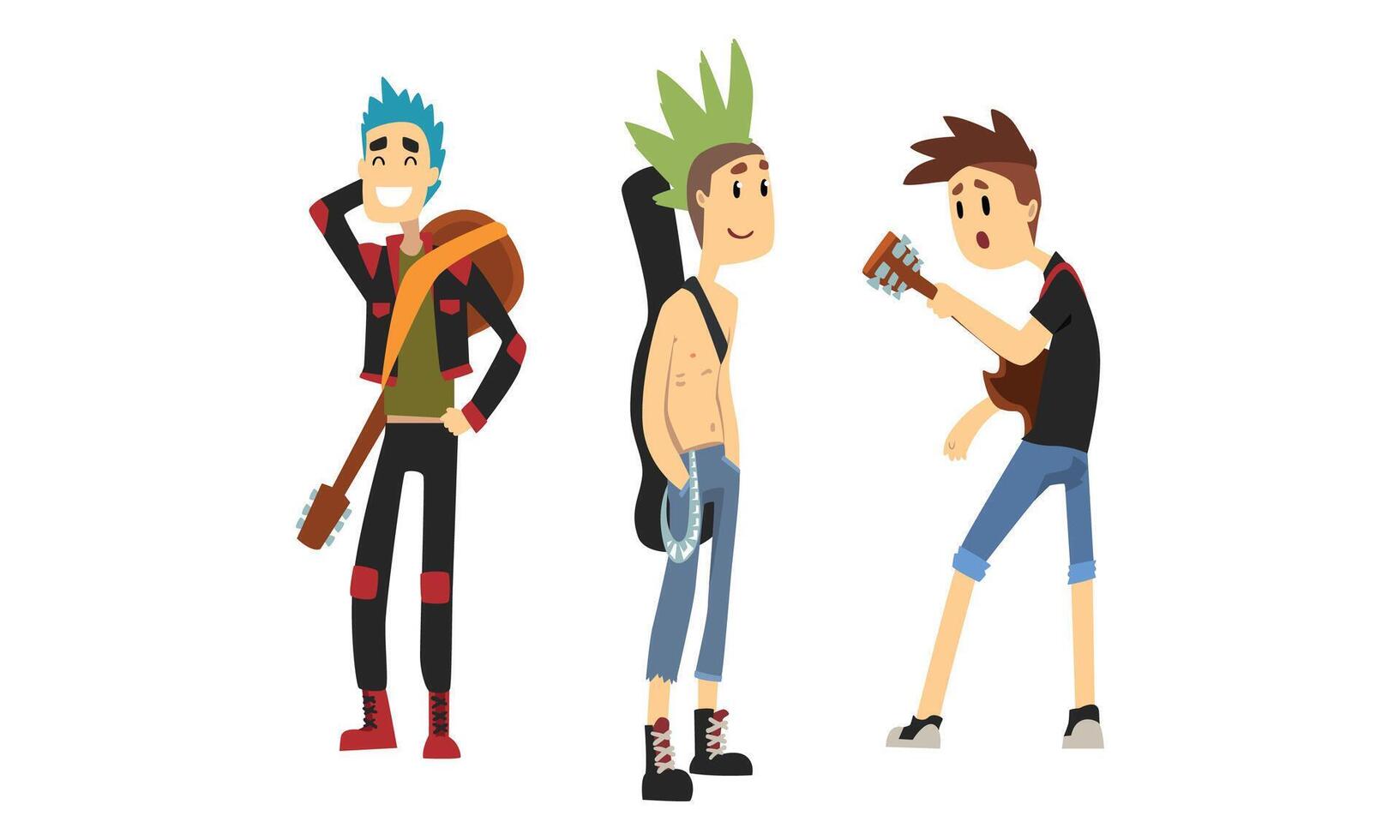 Punk Rock Musicians Characters Set, Musical Band Members Playing Guitar and Singing Cartoon Style Illustration vector