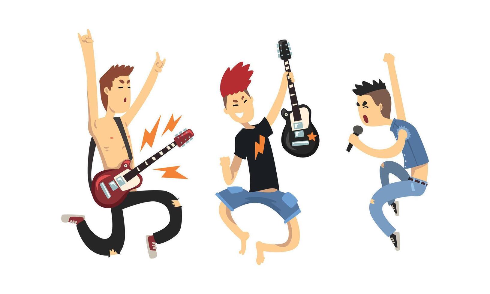 Rock Musicians Characters Set, Musical Band Members Playing Guitar and Singing with Microphone Cartoon Style Illustration vector