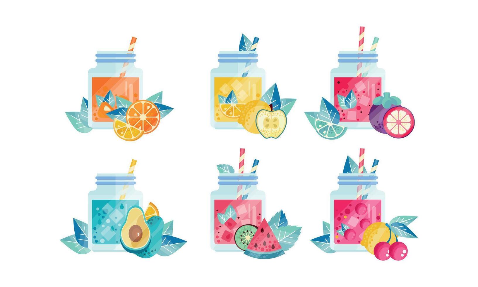 Summer Fruit Smoothie Drinks Set, Fresh Healthy Drinks with Ripe Fruits, Orange, Apple, Mangosteen, Avocado, Watermelon Illustration vector