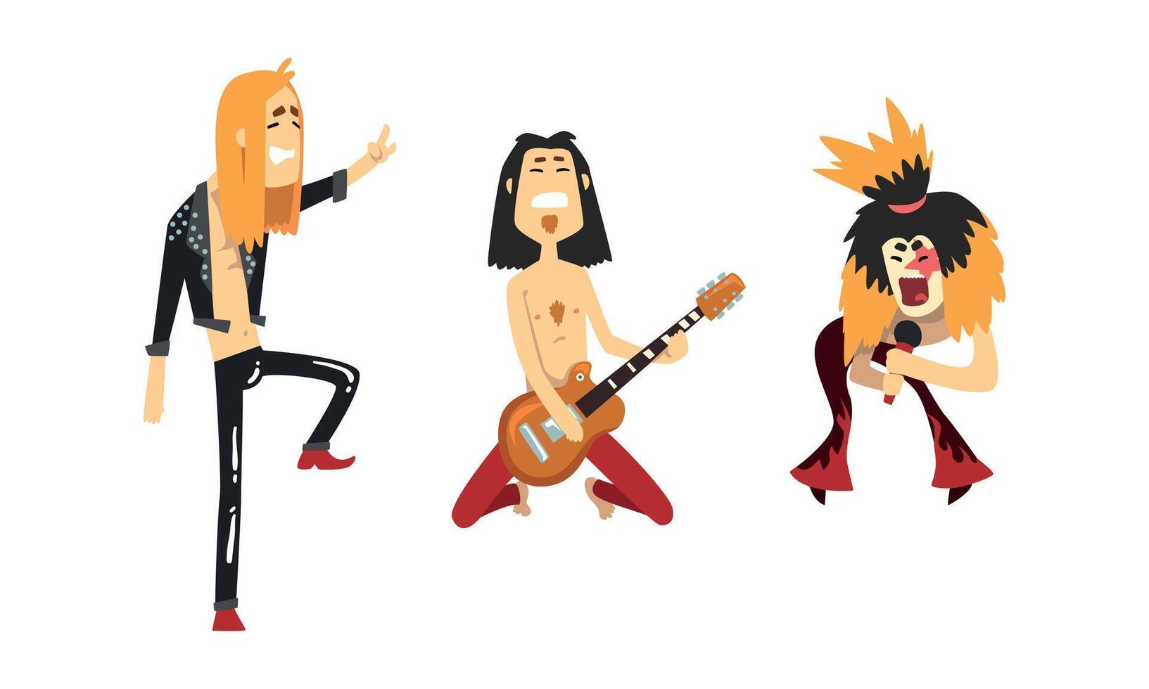 Funny Rock Musicians Characters Set, Heavy Metal Band Members Playing Guitar and Singing Cartoon Style Illustration vector