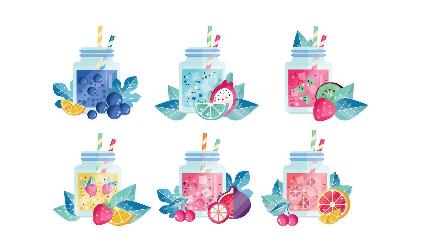 Summer Fruit Smoothie Drinks Set, Fresh Healthy Drinks with Ripe Fruits Illustration vector