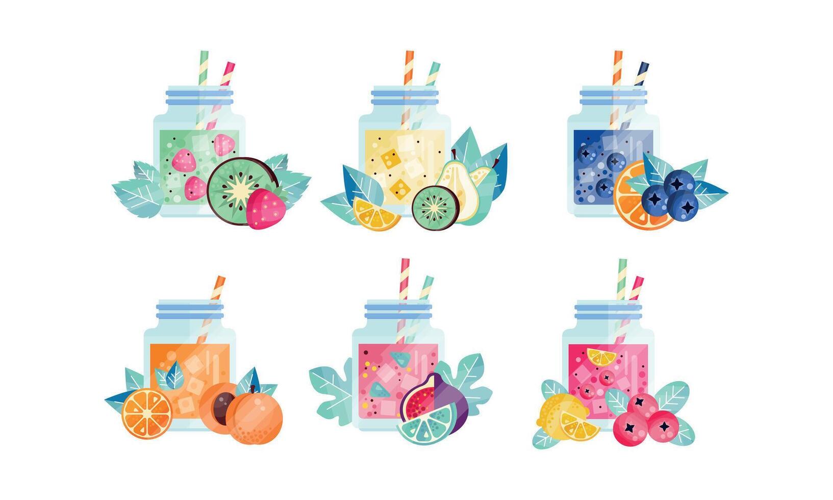 Summer Fruit Smoothie Drinks Set, Fresh Healthy Drinks with Ripe Fruits, Kiwi, Strawberry, Blueberry, Orange, Peach, Lime Illustration vector