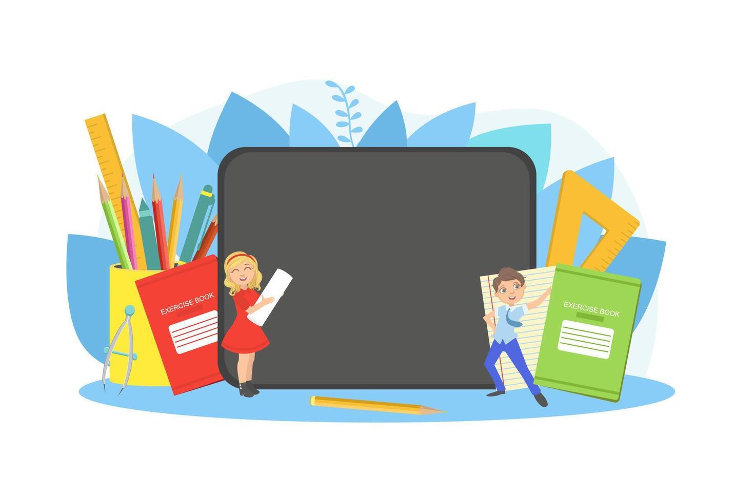 Kids Studying with Huge School Supplies, Schoolchildren at Lesson, Back to School Concept Illustration vector