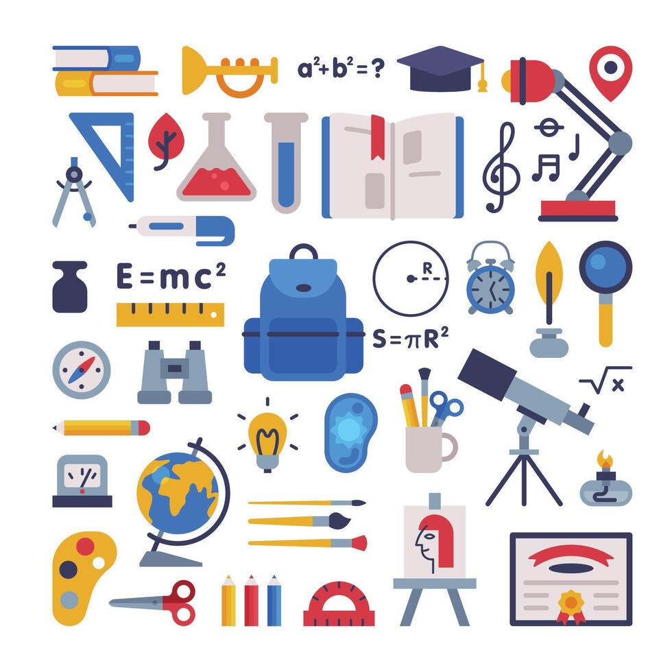 School Supplies Collection, Learning Equipment, Back to School Concept Flat Style Illustration vector