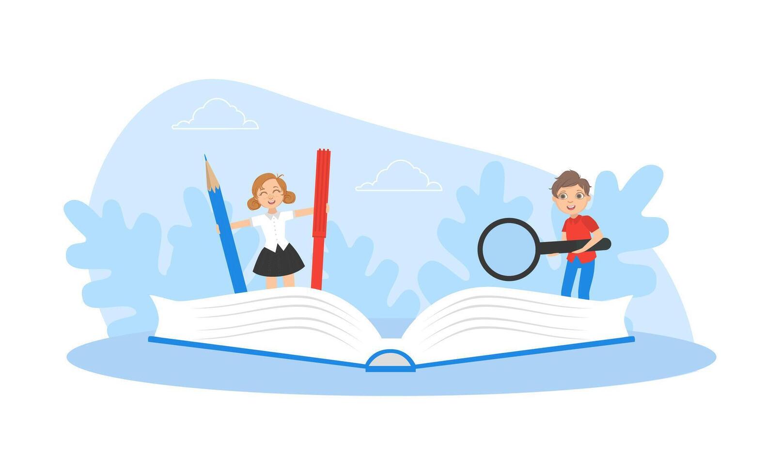 Cute Boy and Girl Writing at Exercise Book, Kids Studying with Huge School Supplies, Back to School Concept Illustration vector