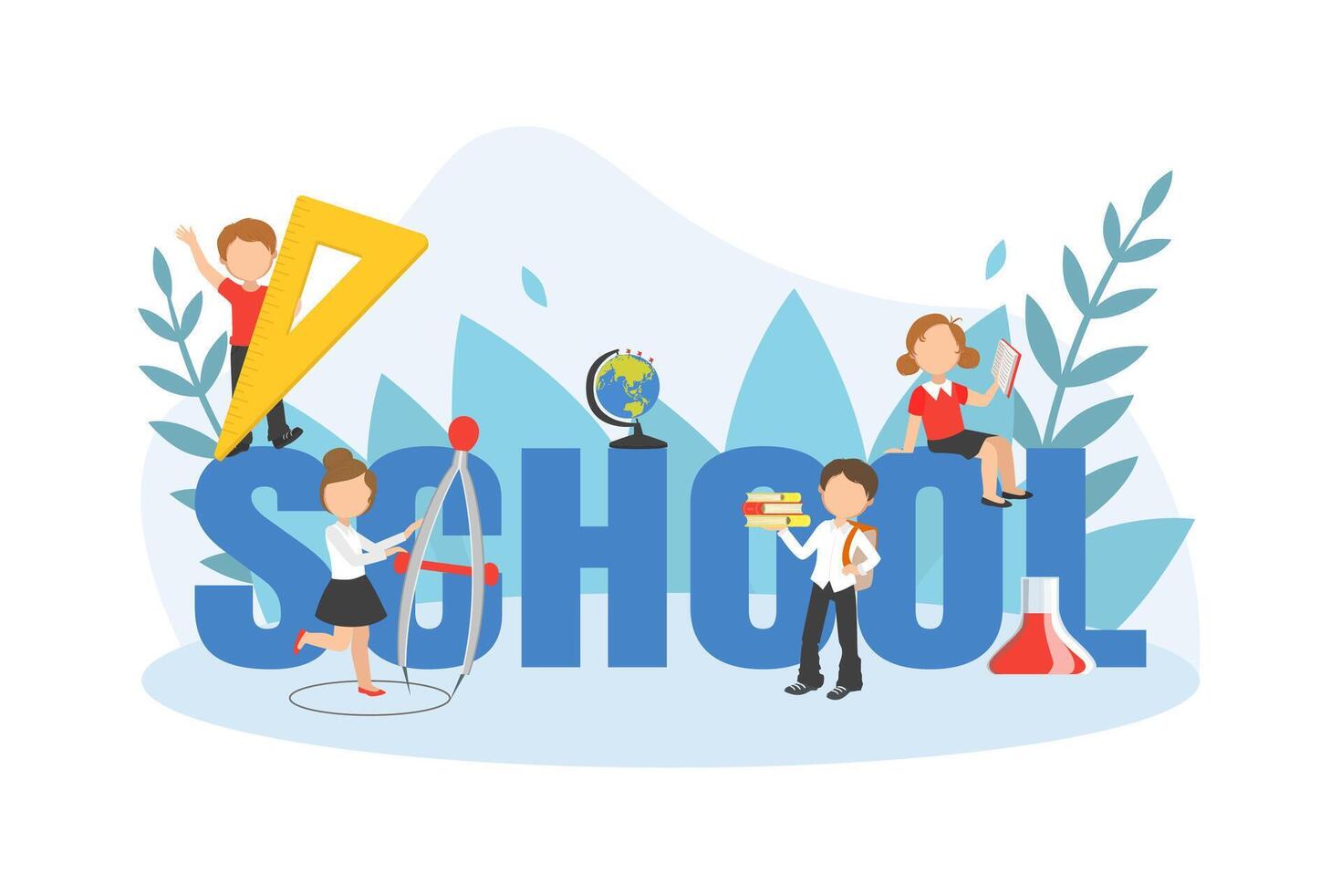 School Big Word with Kids Studying with Huge School Supplies, Back to School Concept Illustration vector