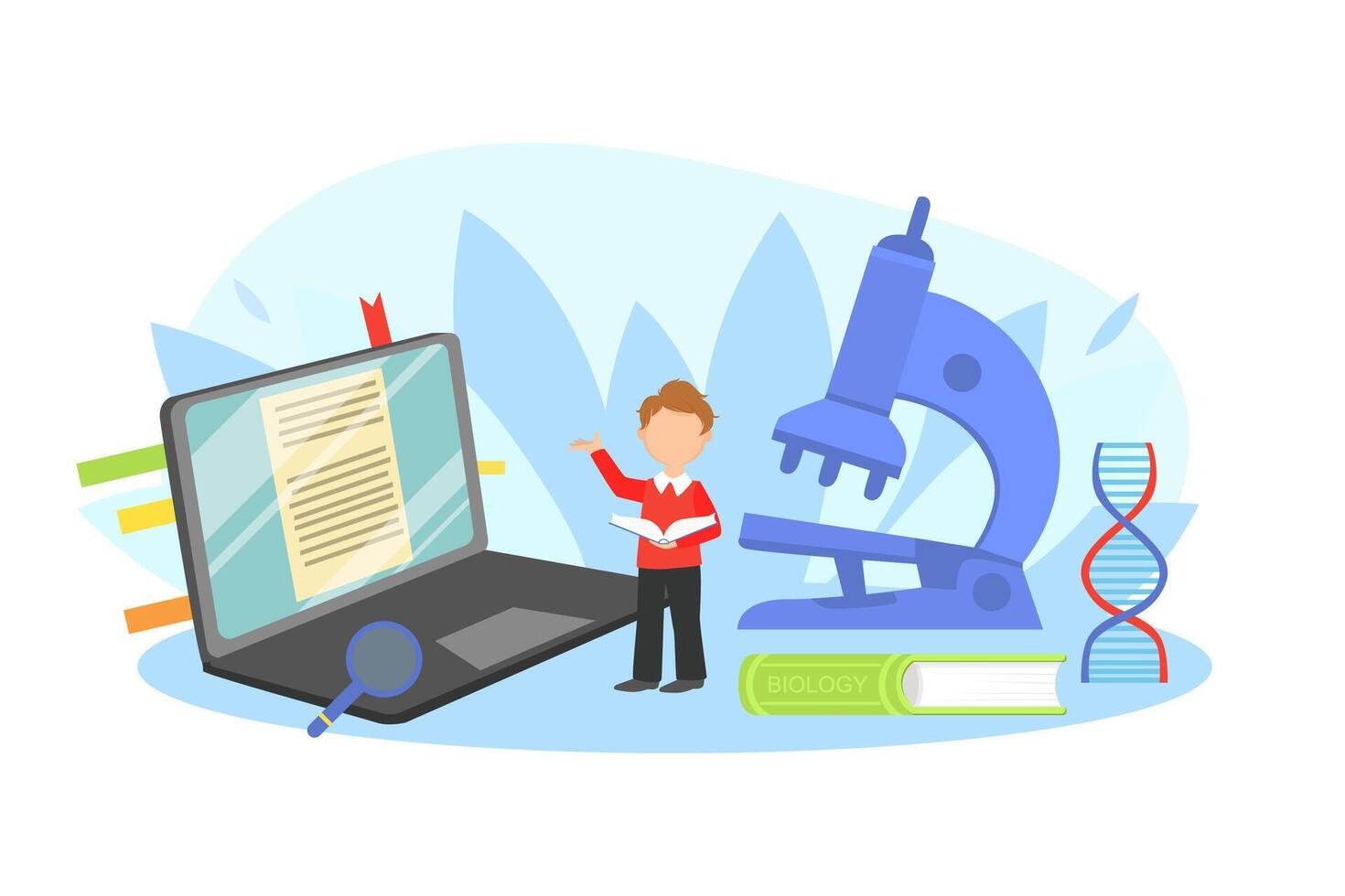 Kid Studying with Huge School Supplies and Science Equipment, Schoolboy at Biology Lesson Illustration vector