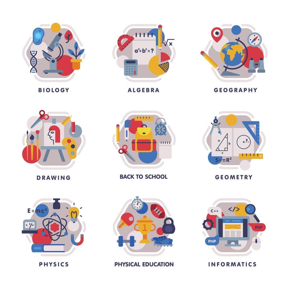 Collection of School Subjects Icons, Education and Science Disciplines with Related Elements, Back to School Concept Flat Style Illustration vector