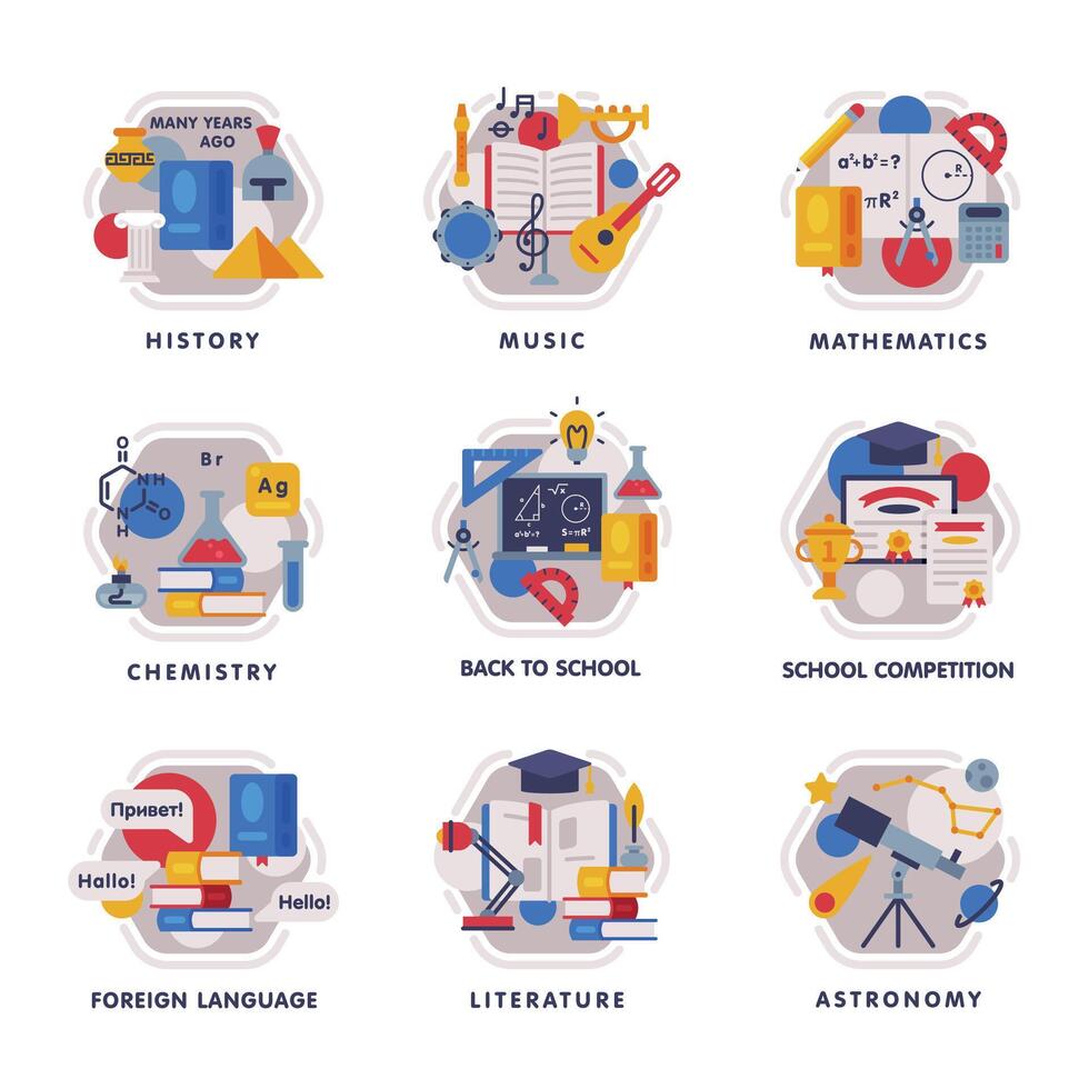 School Subjects Icons Set, Education and Science Disciplines with Related Elements Flat Style Illustration vector