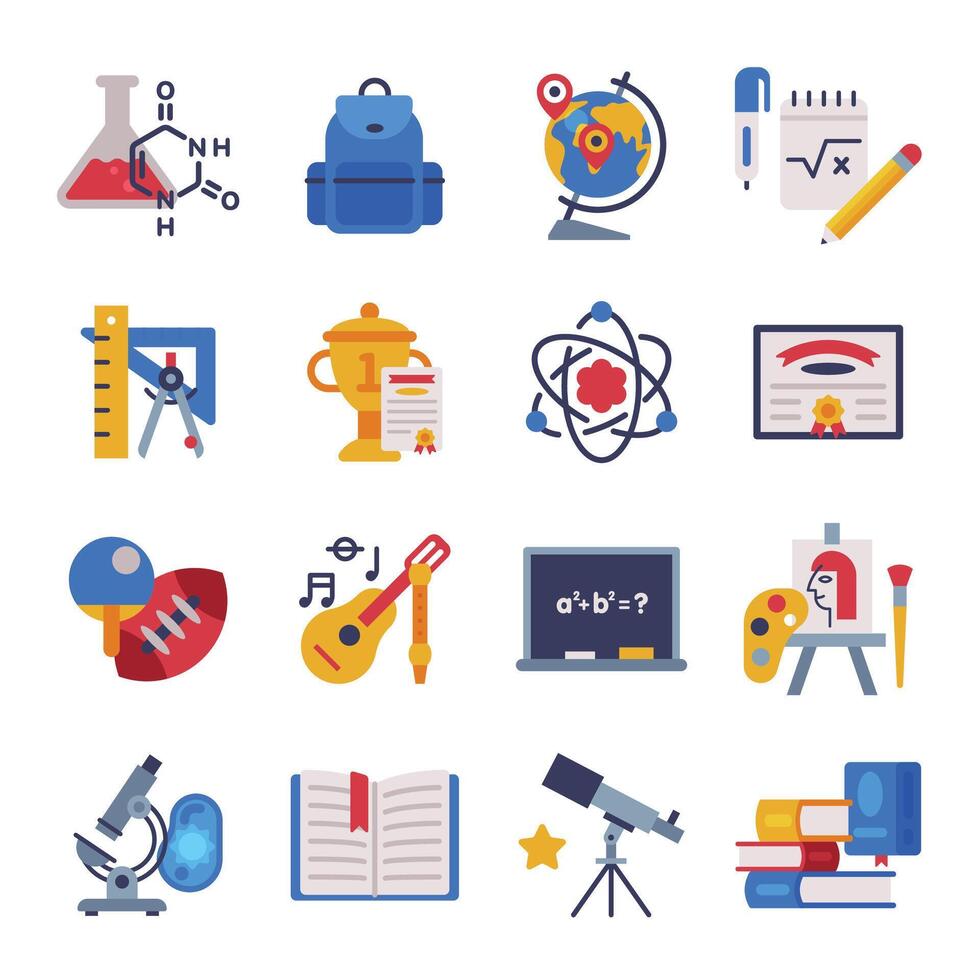 Different School Stationery and Supplies Set, Education and Learning Equipment, Back to School Concept Flat Style Illustration vector
