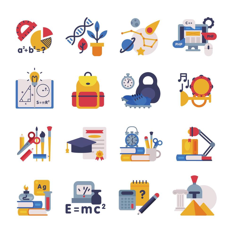 School Subjects Supplies Set, Education Symbols, Schooling and Learning Elements, Back to School Concept Flat Style Illustration vector