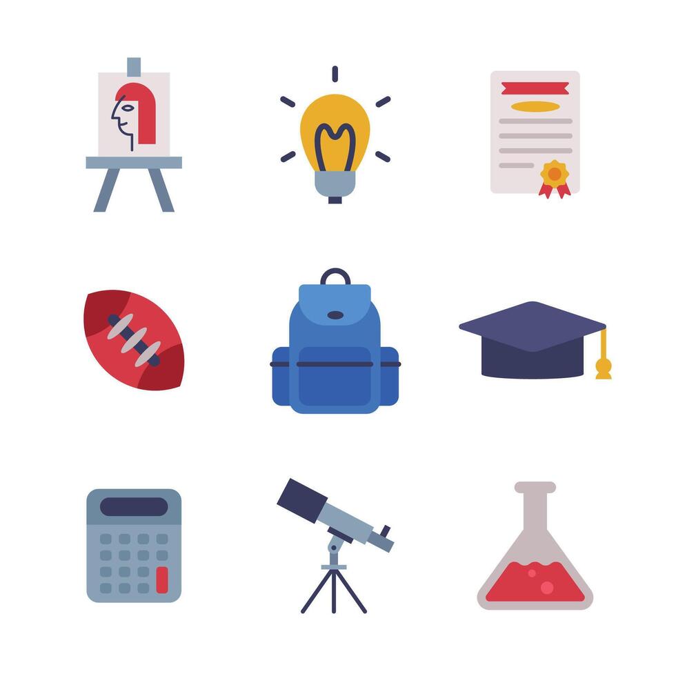 Different School Stationery and Supplies Set, Education and Learning Equipment, Backpack, Graduation Cap, Calculator, Rugby Ball, Telescope, Back to School Concept Flat Style Illustration vector