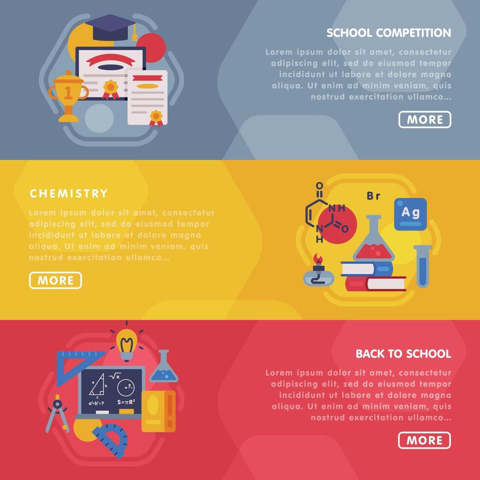Education and Learning Landing Page Templates Set, Back to School School, Competition, Chemistry Horizontal Banners Style Illustration vector