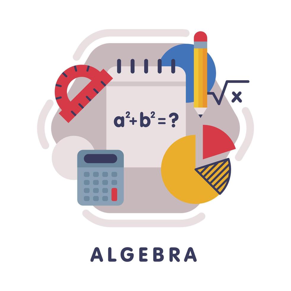 Algebra School Subject Icon, Education and Science Discipline with Related Elements Flat Style Illustration vector