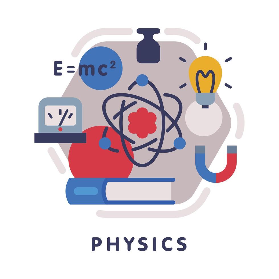 Physics School Subject Icon, Education and Science Discipline with Related Elements Flat Style Illustration vector