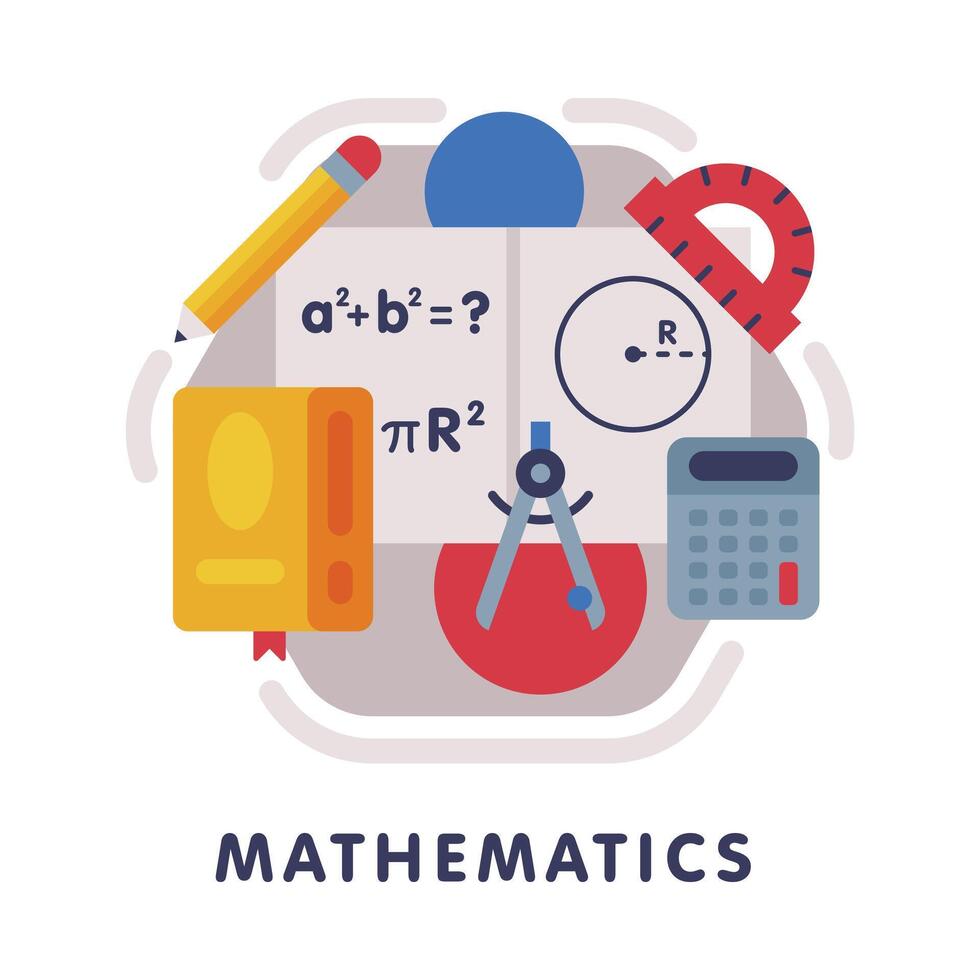 Mathematics School Subject Icon, Education and Science Discipline with Related Elements Flat Style Illustration vector