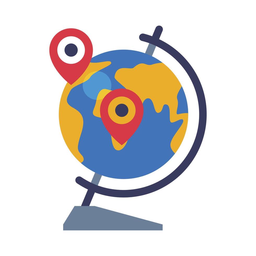 School Globe Destination Points, Geography Lesson Equipment Flat Style Illustration on White Background vector