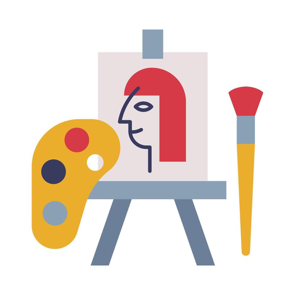 Easel, Palette of Paints and Brush, School Supplies, Educational and Back to School Elements Flat Style Illustration on White Background vector