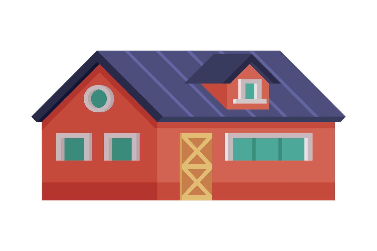 Red Country House, Rural Cottage Facade Cartoon Illustration on White Background vector