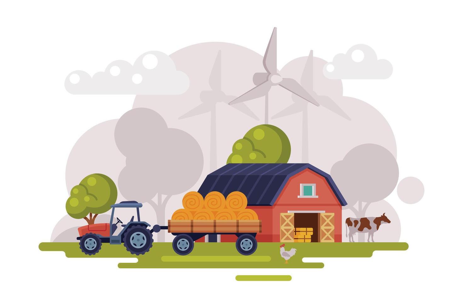 Farm Scene with Red Barn, Wind Turbine and Tractor, Summer Rural Landscape, Agriculture and Farming Concept Cartoon Illustration vector