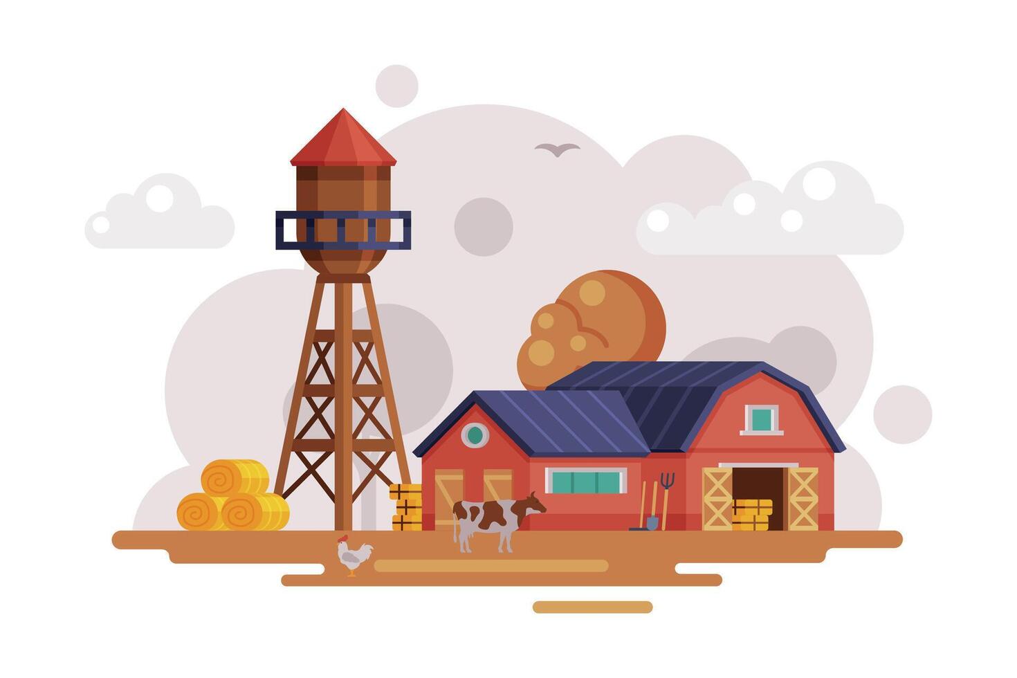Farm Scene with Red Barn and Wooden Water Tower at Autumn Rural Landscape, Agriculture and Farming Concept Cartoon Illustration vector