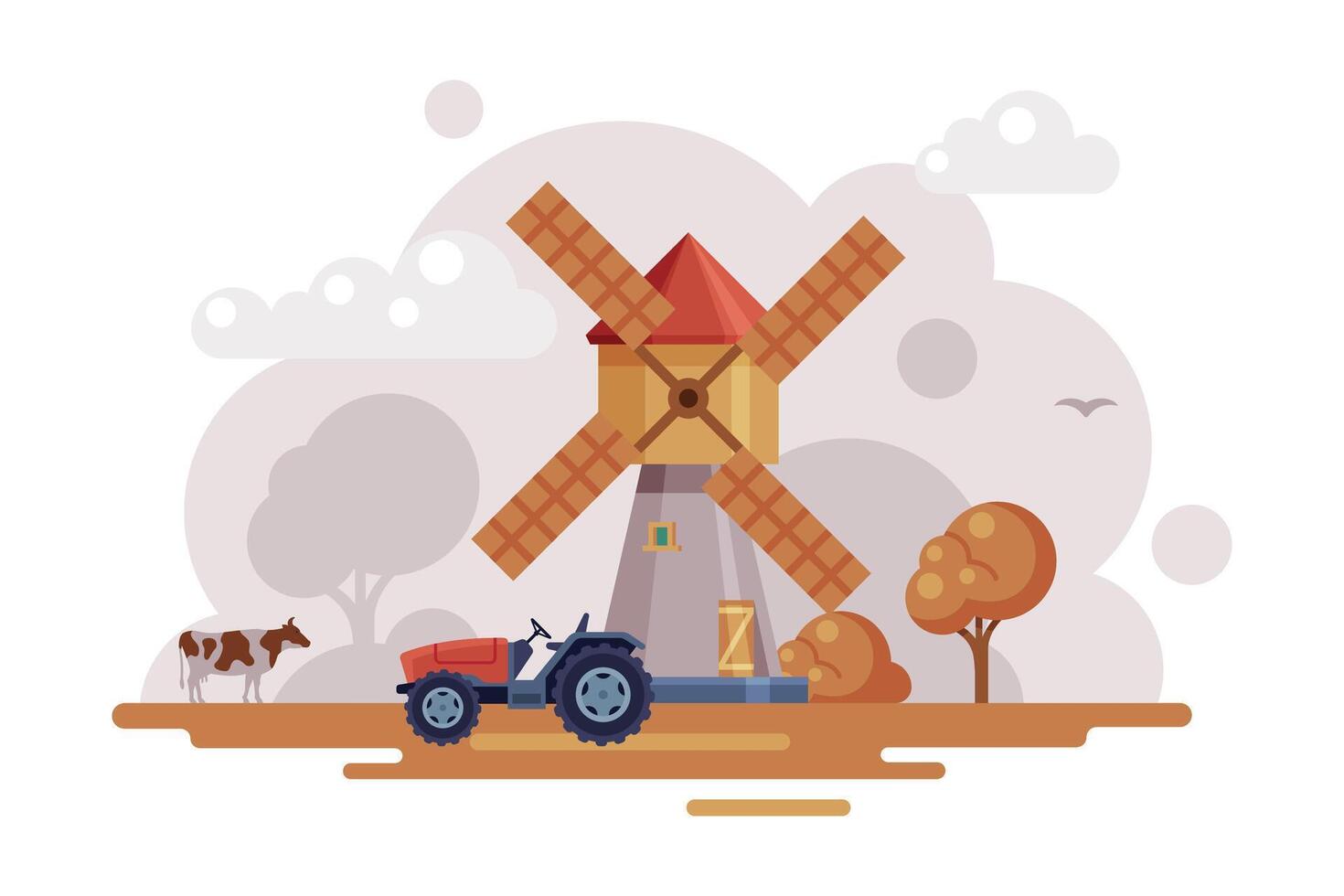 Farm Scene with Vintage Windmill and Tractor at Autumn Rural Landscape, Agriculture and Farming Concept Cartoon Illustration vector