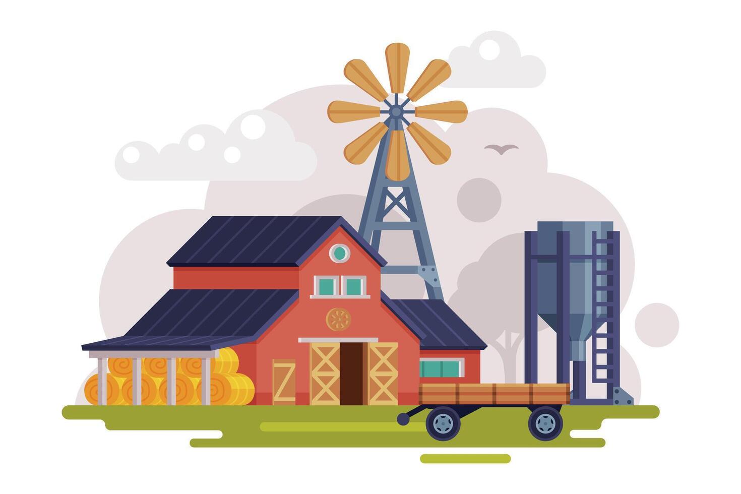 Farm Scene with Red Barn, Windmill Water Pump and Tractor, Summer Rural Landscape, Agriculture and Farming Concept Cartoon Illustration vector